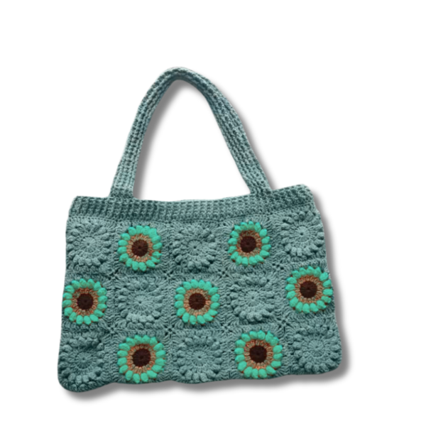 Knitted Flower Tote Bag Lake Blue Color